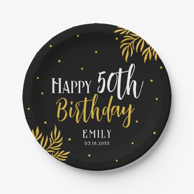 Assiettes En Carton Elegant Happy 50th Birthday Gold Foliage Party (Devant)