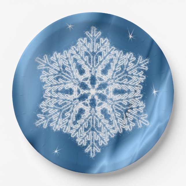 Assiettes En Carton Élégant hiver Bleu et blanc Flocon de neige Noël (Devant)