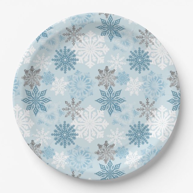 Assiettes En Carton Élégant Hiver Bleu Parties scintillant argent Snow (Devant)