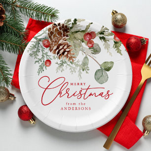 Assiettes En Carton Elegant Holly Berries et Pine Cones Noël