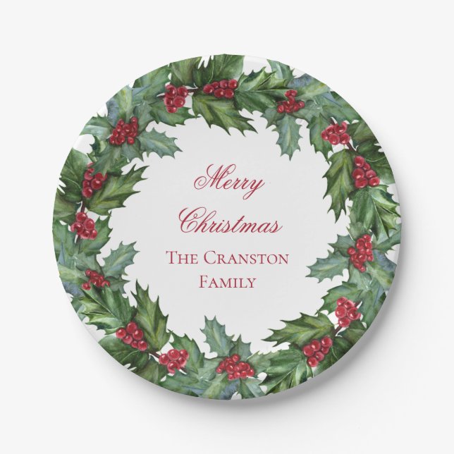 Assiettes En Carton Elegant Holly et Berries Wreath Joyeux Noël (Devant)