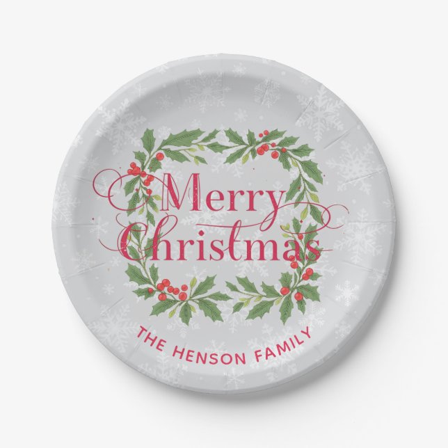 Assiettes En Carton Elegant Holly Wreath Snowflakes Merry Christmas (Devant)