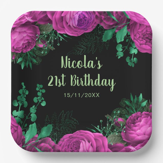 Assiettes En Carton Elegant Hot Pink Flowers Birthday Party (Recto)