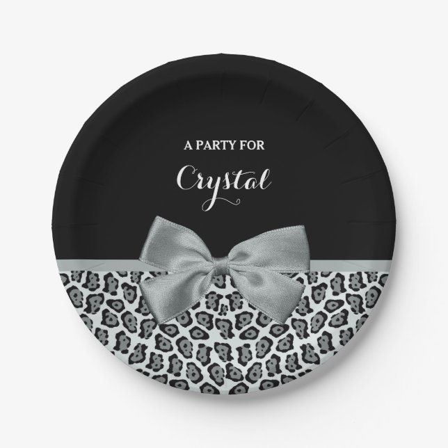Assiettes En Carton Élégant Jaguar gris Imprimer Nom joli Bow argenté (Devant)