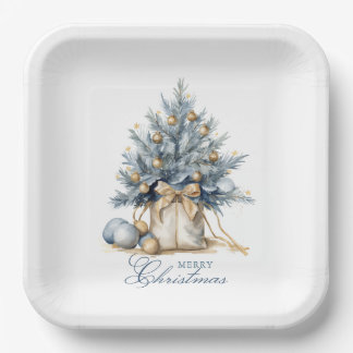 Assiettes En Carton Elégant Joyeux Arbre de Noël Or bleu Aquarelle