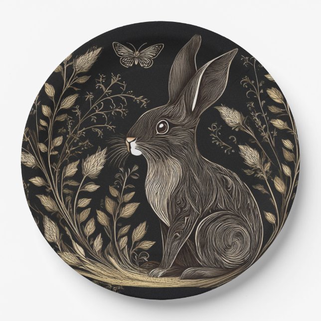 Assiettes En Carton Elégant lapin en noir et beige (Devant)