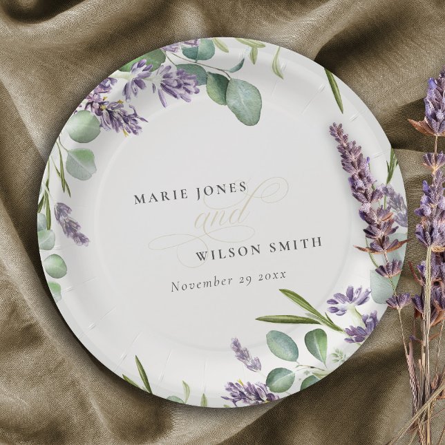 Assiettes En Carton Élégant Lavande Eucalyptus Mariage de feuillage fe (Créateur téléchargé)