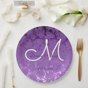 Assiettes En Carton Élégant Lavande violet Mariage blanc Monogramme