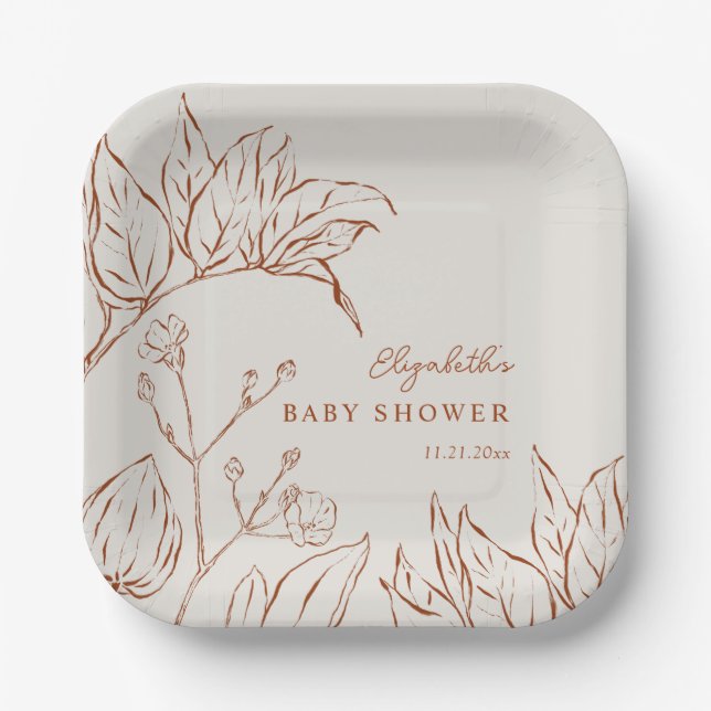 Assiettes En Carton Elegant Line Art Botanical Baby Shower (Recto)
