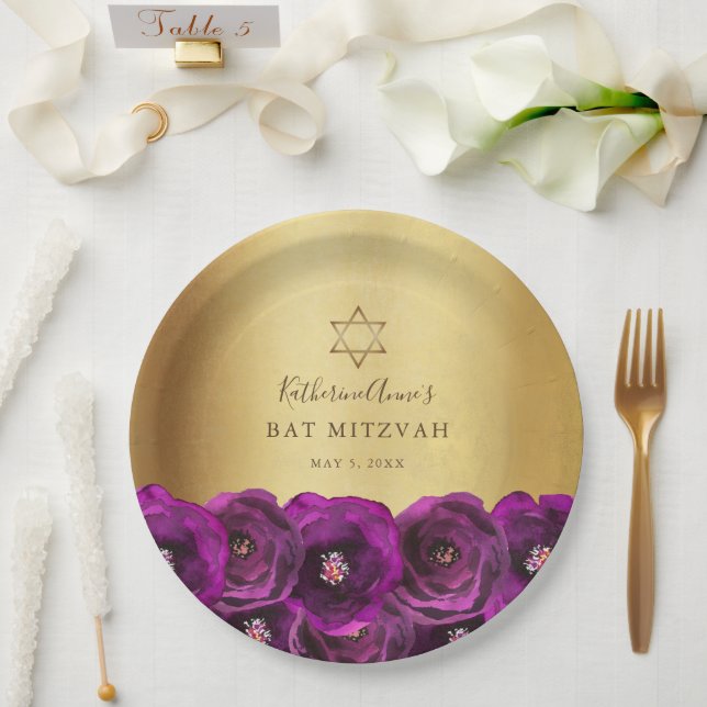 Assiettes En Carton Elegant Magenta Pink Rose Floral Gold Bat Mitzvah (Mariage)