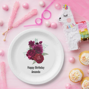 Assiettes En Carton Elégant Magenta Rose Bouquet floral Anniversaire