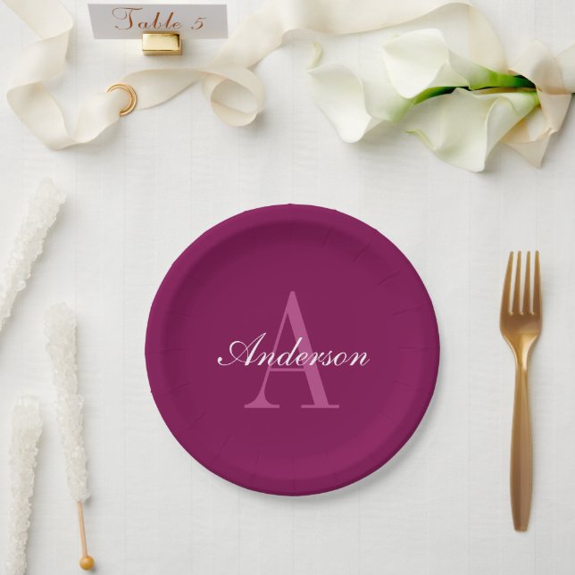 Assiettes En Carton Élégant Magenta Rouge, rose & blanc Nom & Monogram (Mariage)