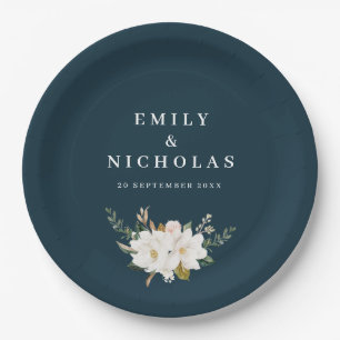 Assiettes En Carton élégant magnolia floral marine bleu mariage