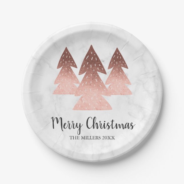 Assiettes En Carton Élégant marbre d'or rose Joyeux sapin de Noël (Devant)