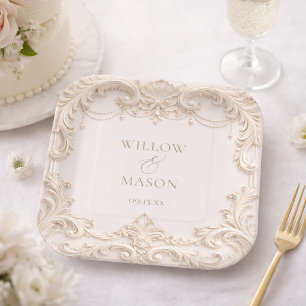 Assiettes En Carton Élégant Mariage Carré Baroque Ivoire