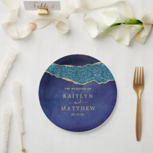 Assiettes En Carton Élégant Mariage d'âge bleu et or de la marine