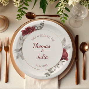Assiettes En Carton Elégant Mariage d'aquarelle bordeaux et argent