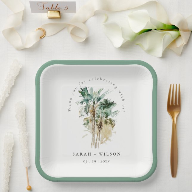 Assiettes En Carton Elégant Mariage d'aquarelle tropicale palmiers (Mariage)