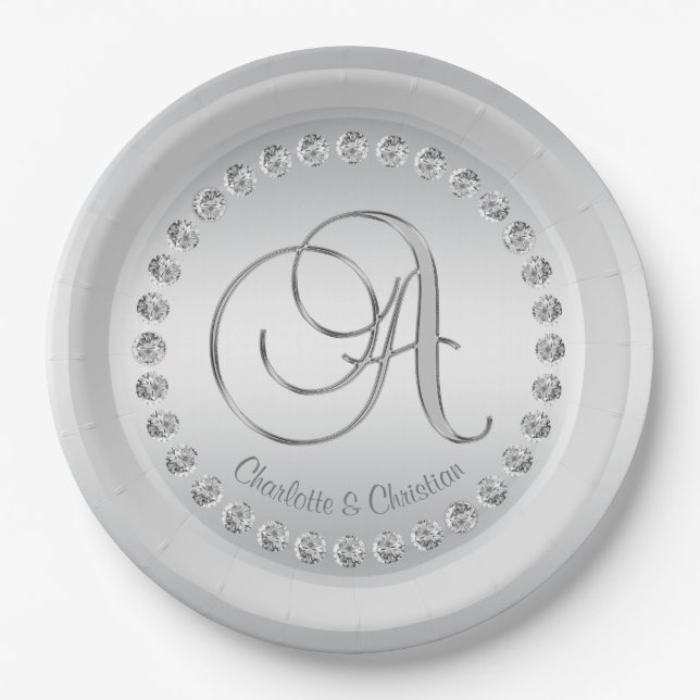Assiettes En Carton Élégant Mariage d'argent diamant personnalisé (Devant)