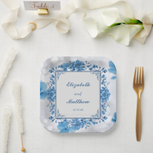 Assiettes En Carton Élégant mariage de bleus et de superpositions blan