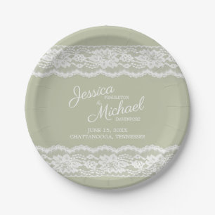 Assiettes En Carton Élégant Mariage de dentelle blanche Sage Green