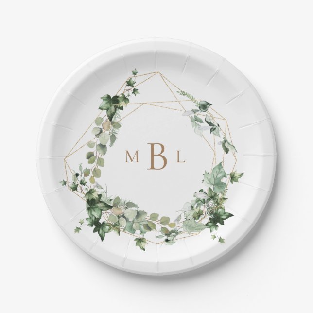 Assiettes En Carton Élégant Mariage de monogramme géométrique Or de Fo (Devant)