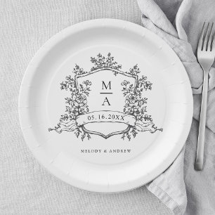 Assiettes En Carton Élégant Mariage de monogramme noir et blanc