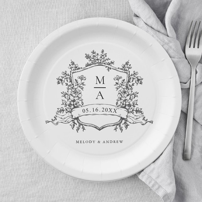 Assiettes En Carton Élégant Mariage de monogramme noir et blanc (Créateur téléchargé)