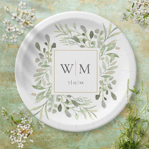 Assiettes En Carton Élégant Mariage de Monogramme Or de verdure
