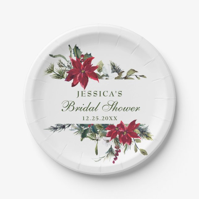 Assiettes En Carton Élégant Mariage de Noël Rouge Poinsettia (Devant)