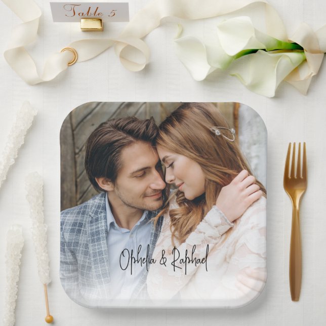 Assiettes En Carton Élégant Mariage de superposition photo de noms de  (Mariage)