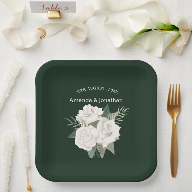 Assiettes En Carton Élégant Mariage Emerald Green et White Roses (Mariage)