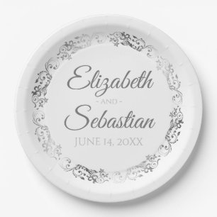 Assiettes En Carton Elégant Mariage en argent et blanc frileux