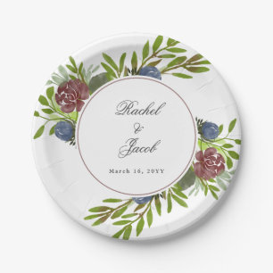 Assiettes En Carton Élégant Mariage floral bleu de la marine de Bourgo
