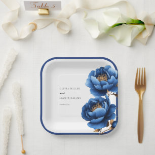 Assiettes En Carton Elégant Mariage floral bleu marine