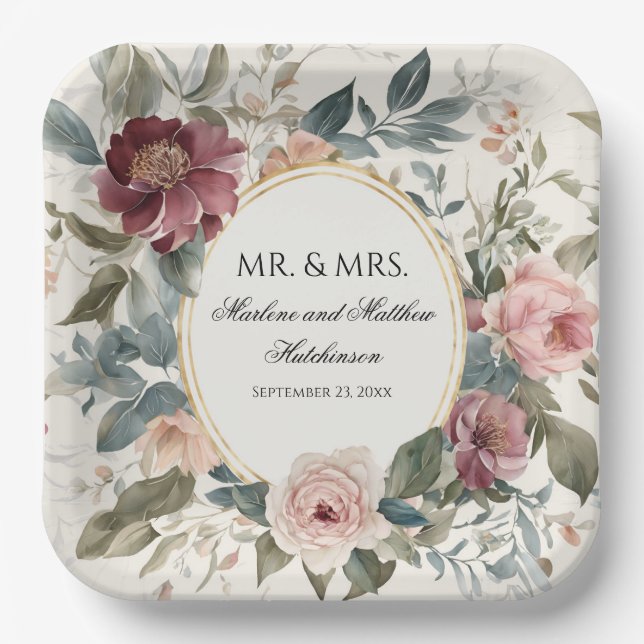 Assiettes En Carton Élégant Mariage Floral Français or Aquarelle (Recto)