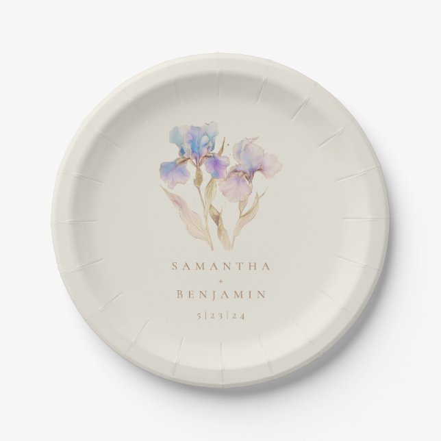 Assiettes En Carton Élégant Mariage floral Iris (Devant)