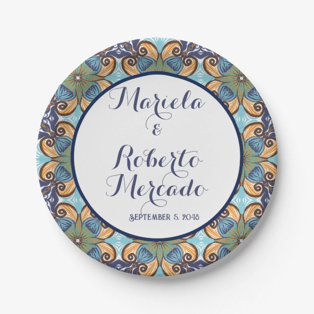 Assiettes En Carton Élégant Mariage Floral Mexicain Talavera (Devant)