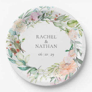 Assiettes En Carton Élégant mariage floral verdure aquarelle