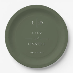 Assiettes En Carton Élégant Mariage Minimaliste Monogramme Vert Olive