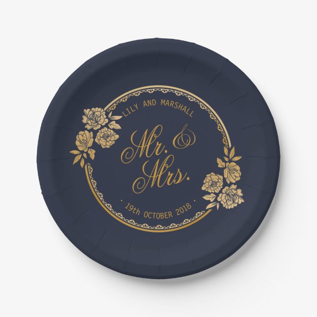 Assiettes En Carton Élégant Mariage personnalisé Gold| Plaque de papie (Devant)