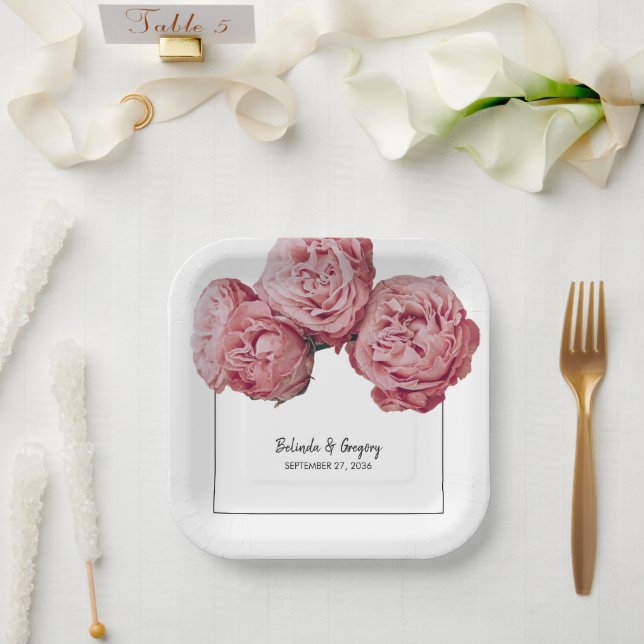 Assiettes En Carton Élégant Mariage rose Roses (Mariage)