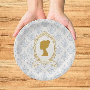 Assiettes En Carton Élégant Mariage Thème Damassé Bleu et Or