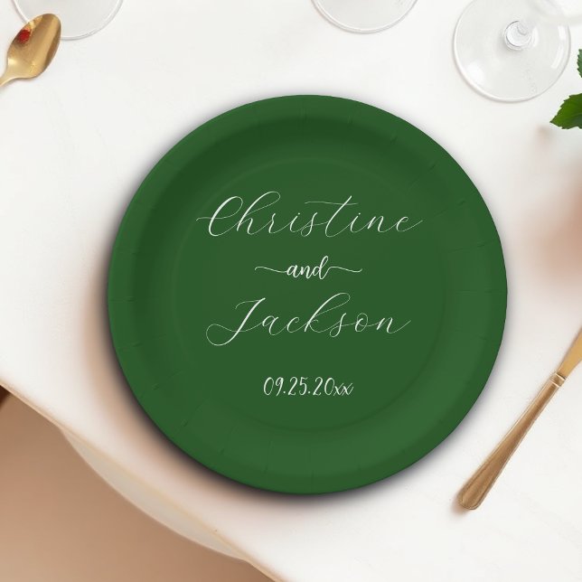 Assiettes En Carton Élégant Mariage vert Moss Script (Créateur téléchargé)
