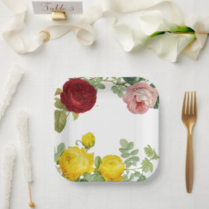 Assiettes En Carton Élégant Mariage Vintage rose et rose rouge Roses