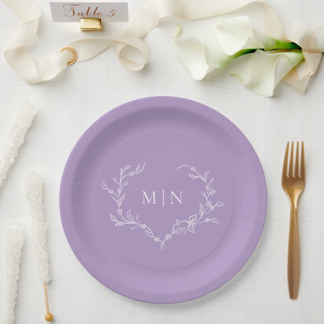 Assiettes En Carton Élégant Mariage violet Monogram Wreath (Mariage)