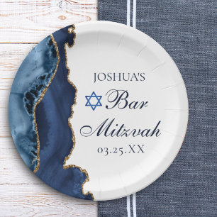 Assiettes En Carton Elégant Marine Blue Gold Agate Bar Mitzvah Party