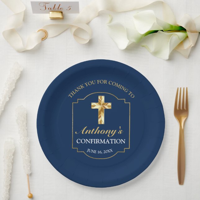 Assiettes En Carton Elégant Marine Blue Gold Boys Réception de confirm (Mariage)