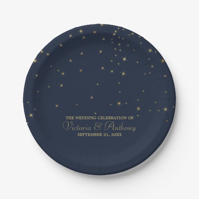 Assiettes En Carton Elégant Marine & Gold Falling Stars Mariage (Devant)