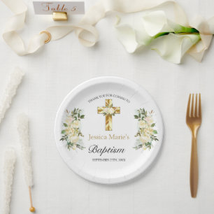 Assiettes En Carton Élégant Merci de Baptême de Croix d'Or Floral